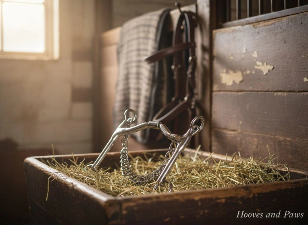 Myler 5 1/2 inch Weymouth Wide Ported Barrel Bit (MB 16PB #89-47177) of silver metal, resting on hay in a rustic wooden feeder within a horse stable.