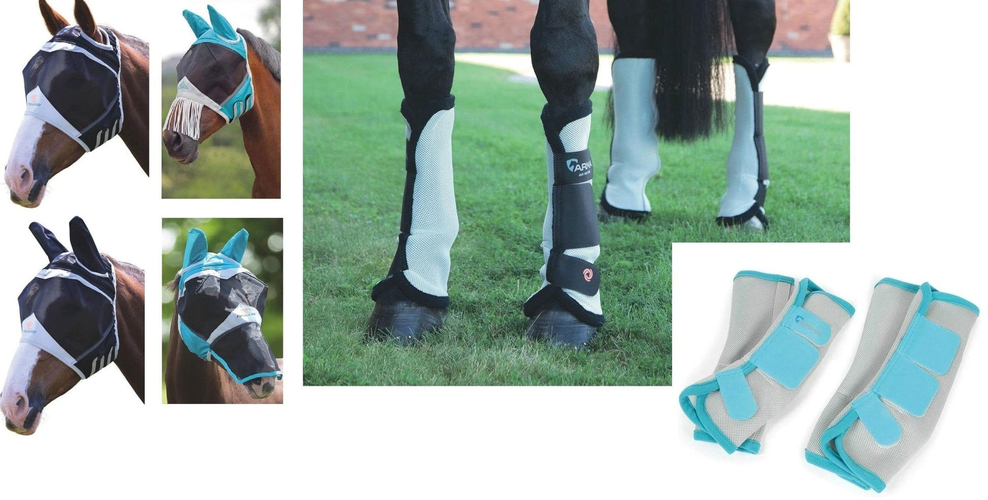 Shires Fine Mesh Horse Equine Fly Mask 60% UV Protection and 4 Pack Fly Boots Value Pack - Hooves and Paws