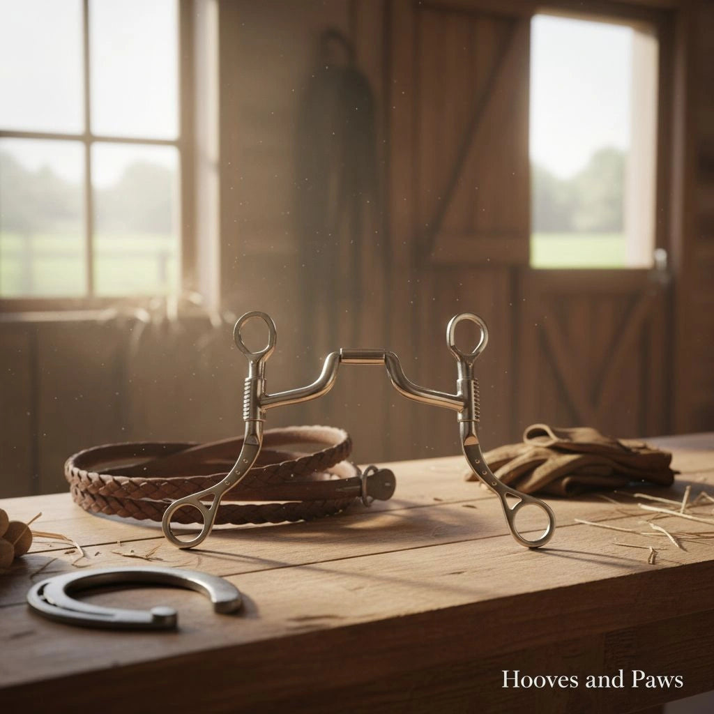 Myler MBT Shank Bit, sweet iron, medium ported barrel, displayed on a wooden table with a leather bridle, horseshoe, and riding gloves in a sunlit barn.