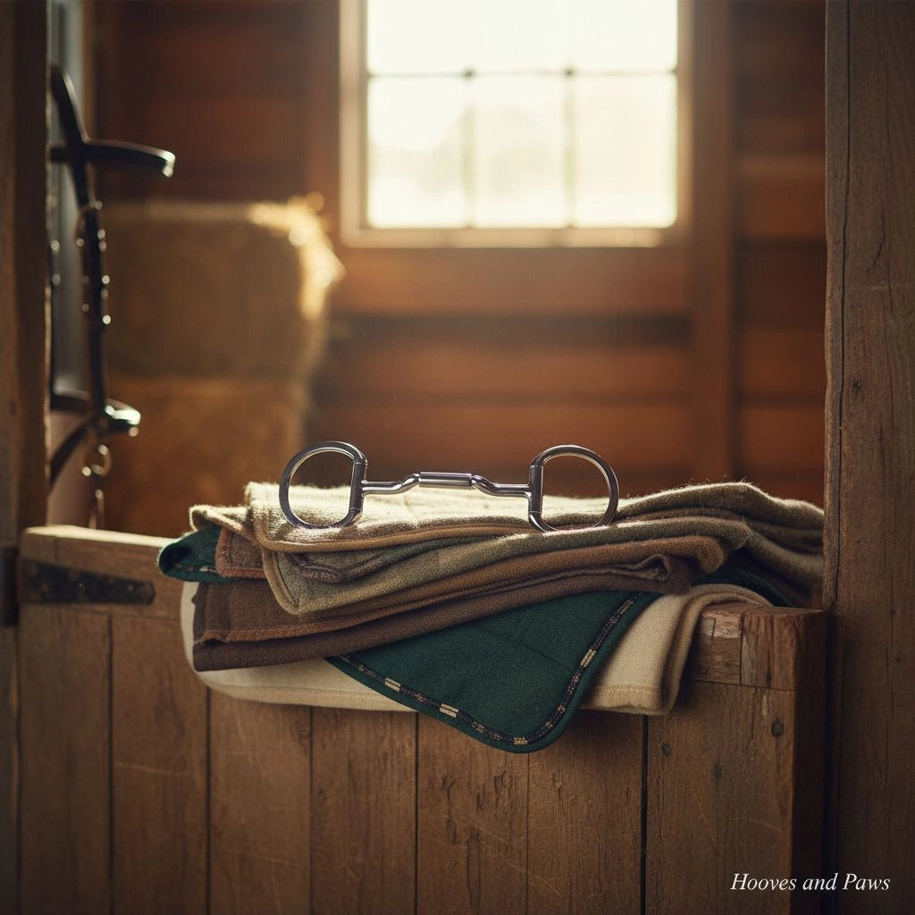 Silver Myler Eggbutt Snaffle Bit with a forward tilted port, dressage legal, resting on a stack of brown, green, and tweed equestrian saddle pads in a sunlit rustic stable.