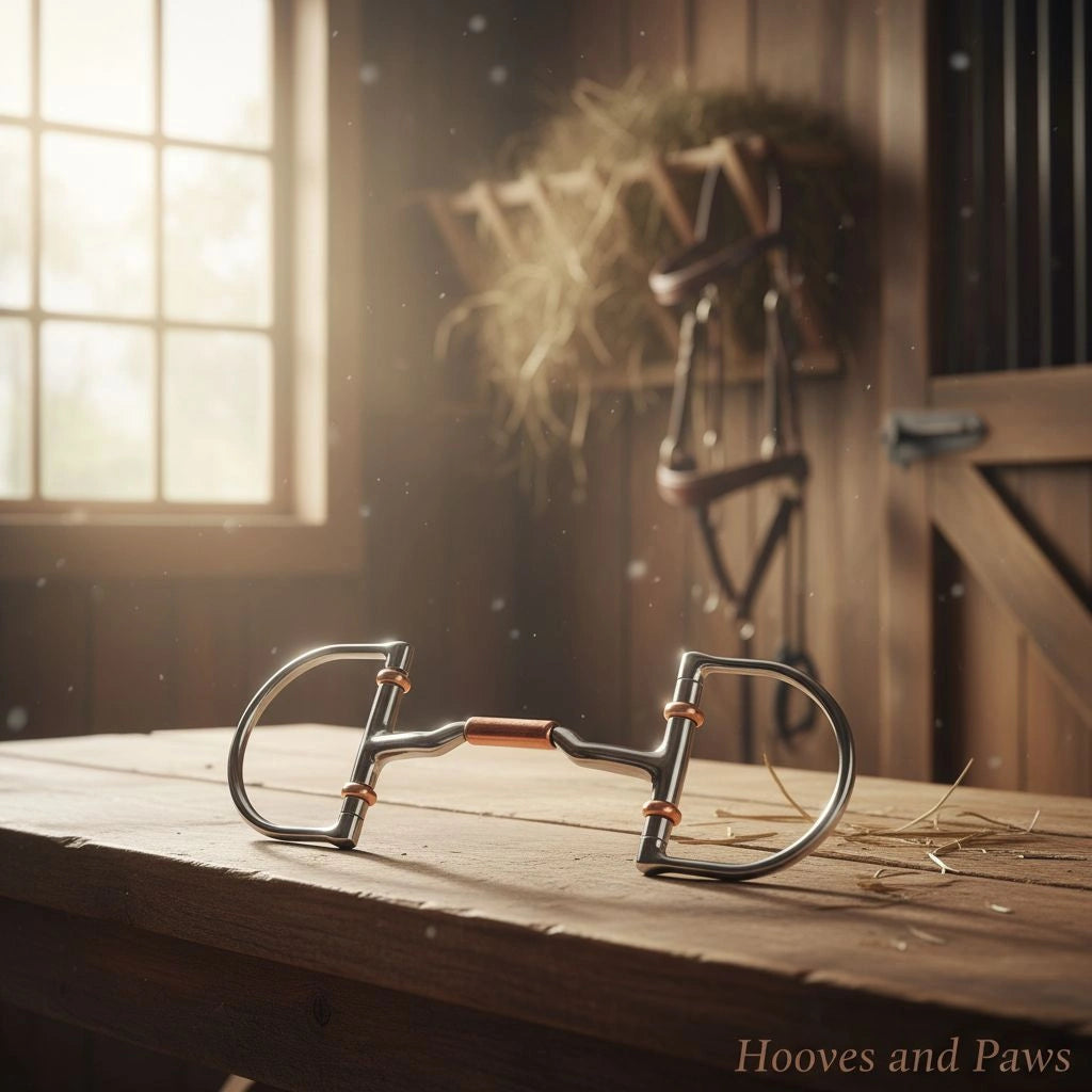 Myler English Dee Snaffle Bit with copper inlay, designed for English riding and dressage, lying on a rustic wooden table in a sunlit barn.
