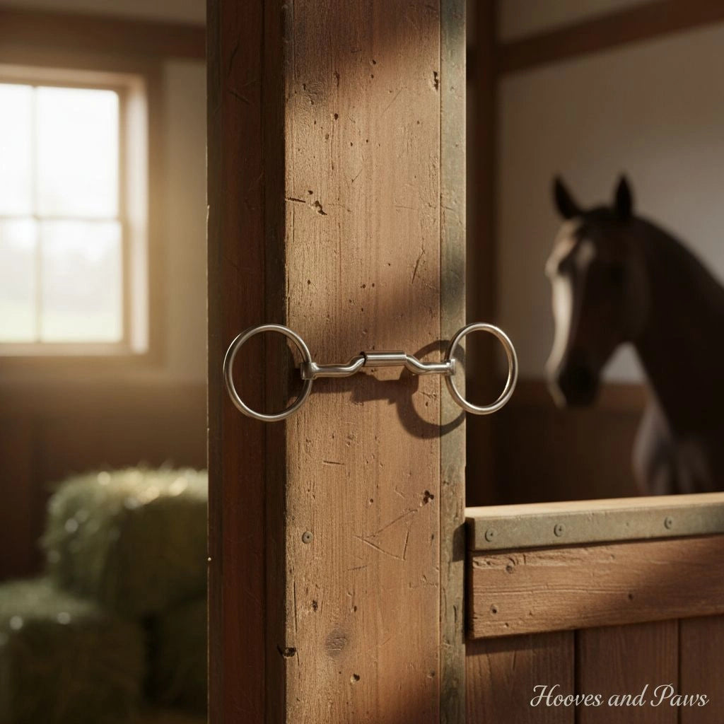 Myler MB 06 Loose Ring Snaffle horse bit made of shiny silver metal, hanging on a weathered wooden barn post. Sunlight streams into the barn, with a blurred horse and hay bales in the soft-focus background, depicting an equestrian setting.