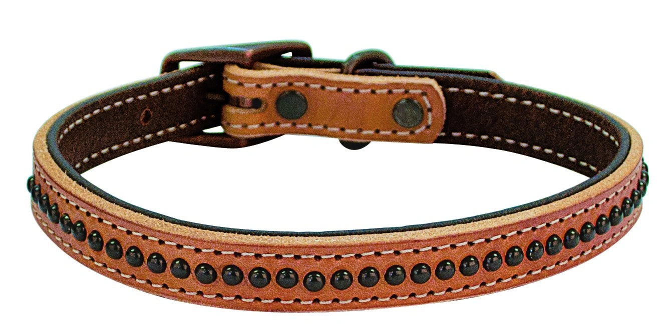 Weaver Leather Outlaw Dog Collar - Golden Brown Single-Ply Harness Leather with Black Dots & Wheat Stitching