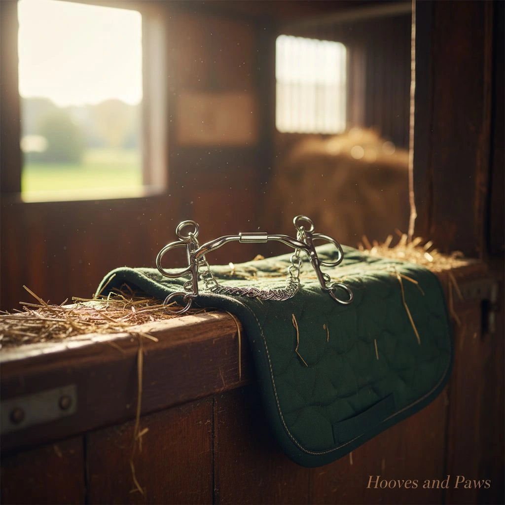 Myler MB 04 Pelham bit on a green quilted pad in a sunlit stable with hay, for English riding comfort and control.