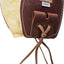 Brown leather boot jack with a white label on a white background
