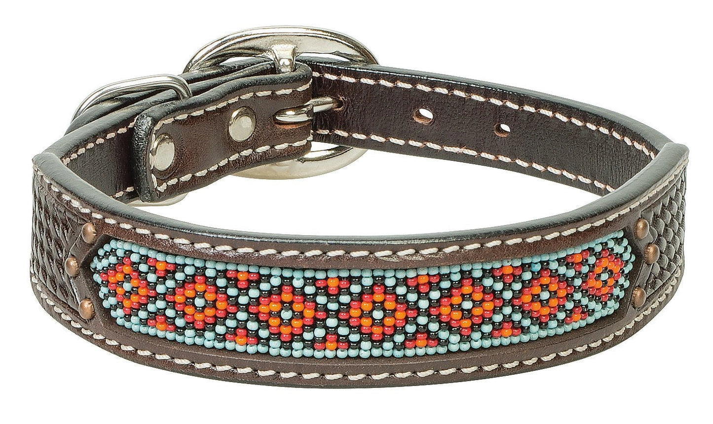 Weaver Leather Beaded Aztec Leather Dog Collar with Basketweave Tooling and Antique Copper Spots - 3/4" x 13"