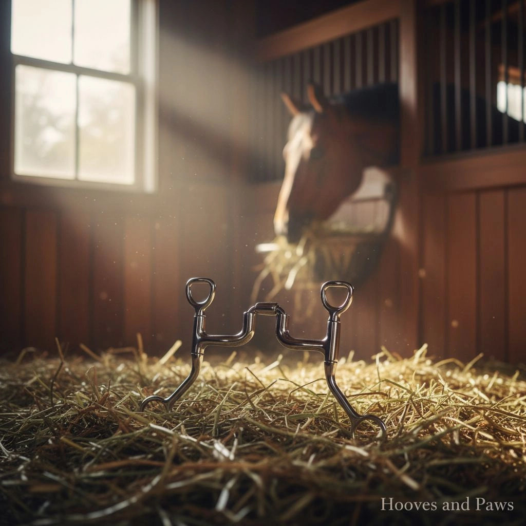 Myler MB 47PB Sweet Iron Correctional Tom Thumb Snaffle horse bit on hay in a sunlit stable, with a horse eating in the background.