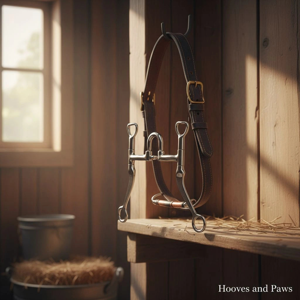 Myler MB 27 Correctional Curb Bit with sweet iron and copper inlay, hanging from a dark leather headstall in a rustic, sunlit barn.