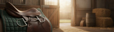 Bucas Myler Wide Low Ported Dee MB33WL Pony Bit for gentle tongue relief, resting on a brown leather horse saddle and dark green quilted saddle pad in a sunlit stable interior with an open door, floating dust, and blurred hay bales.