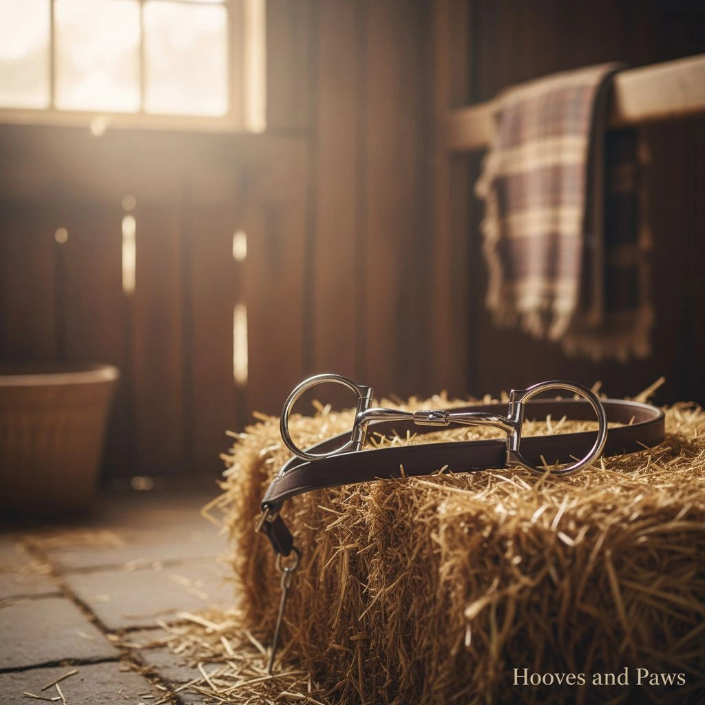 Sweet iron Myler Western Dee Snaffle Bit for horse comfort, on a hay bale in a rustic barn with sunlight.