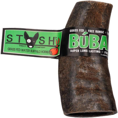 Grass-fed water buffalo horn with 'Buba' branding and 'Stash Treat Company' label on a white background