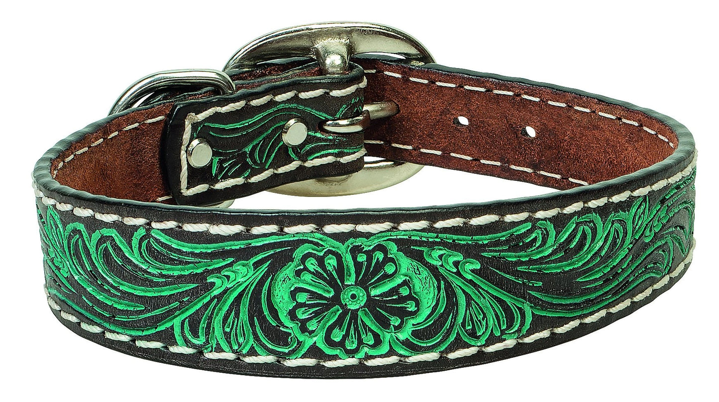 Weaver Leather Carved Flower Dog Collar - Dark Oiled Leather with Turquoise Accents and White Stitching