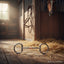 Stainless steel Myler Eggbutt Snaffle Bit with a copper barrel inlay lying on a wooden stable floor with scattered straw. A horse's head peeks from its stall, and a leather halter hangs on the wall.