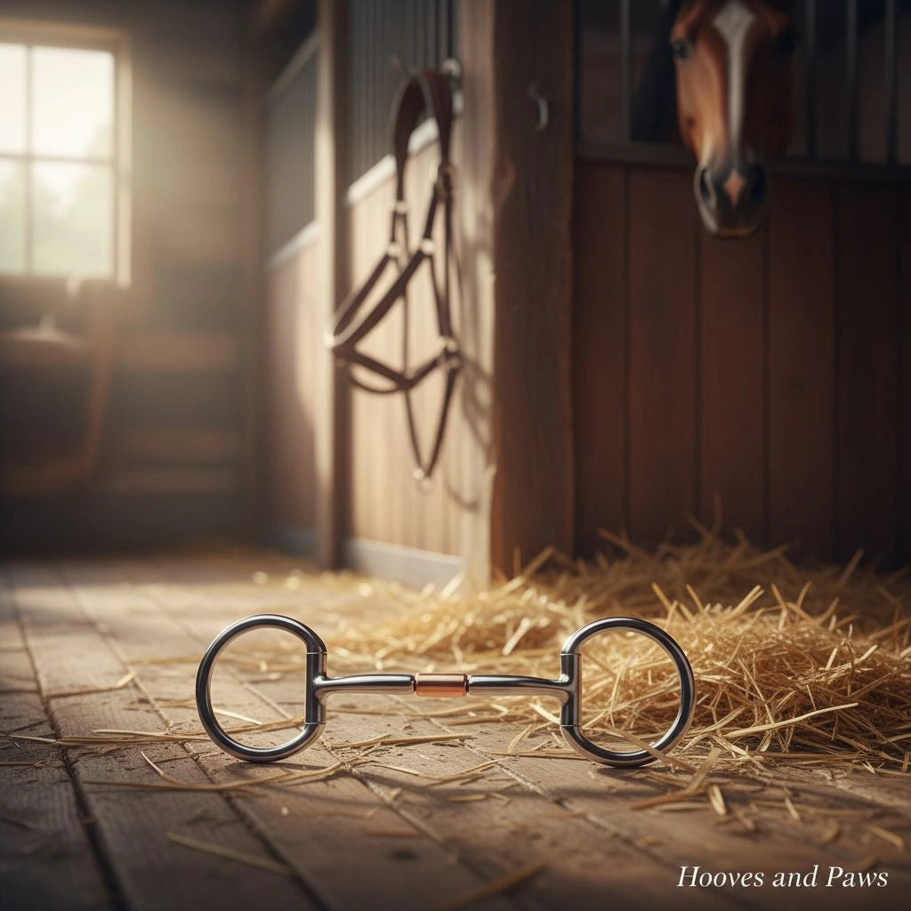 Stainless steel Myler Eggbutt Snaffle Bit with a copper barrel inlay lying on a wooden stable floor with scattered straw. A horse's head peeks from its stall, and a leather halter hangs on the wall.