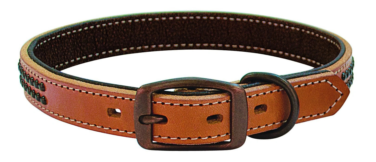 Weaver Leather Outlaw Dog Collar - Golden Brown Single-Ply Harness Leather with Black Dots & Wheat Stitching