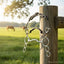 Myler MB 06 Sweet Iron Combination Bit with shiny metal rings and mouthpiece, hanging on a rustic wooden fence post in a sunny green pasture with horses grazing.