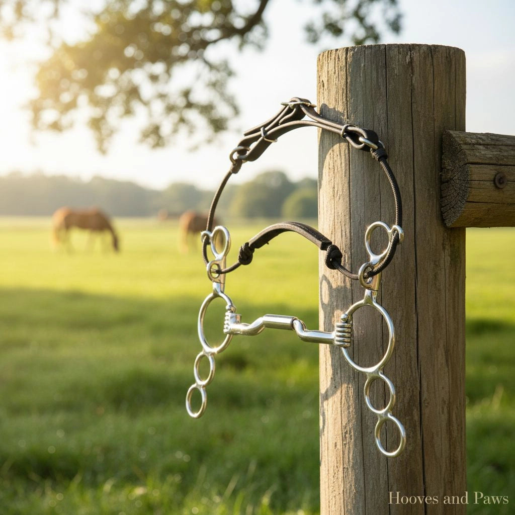 Myler MB 06 Sweet Iron Combination Bit with shiny metal rings and mouthpiece, hanging on a rustic wooden fence post in a sunny green pasture with horses grazing.