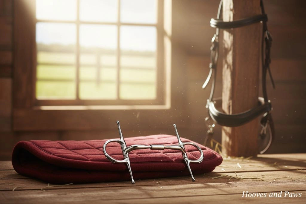 Myler 5" 02 stainless steel full cheek horse bit on a red quilted saddle pad in a rustic barn setting with a bridle.