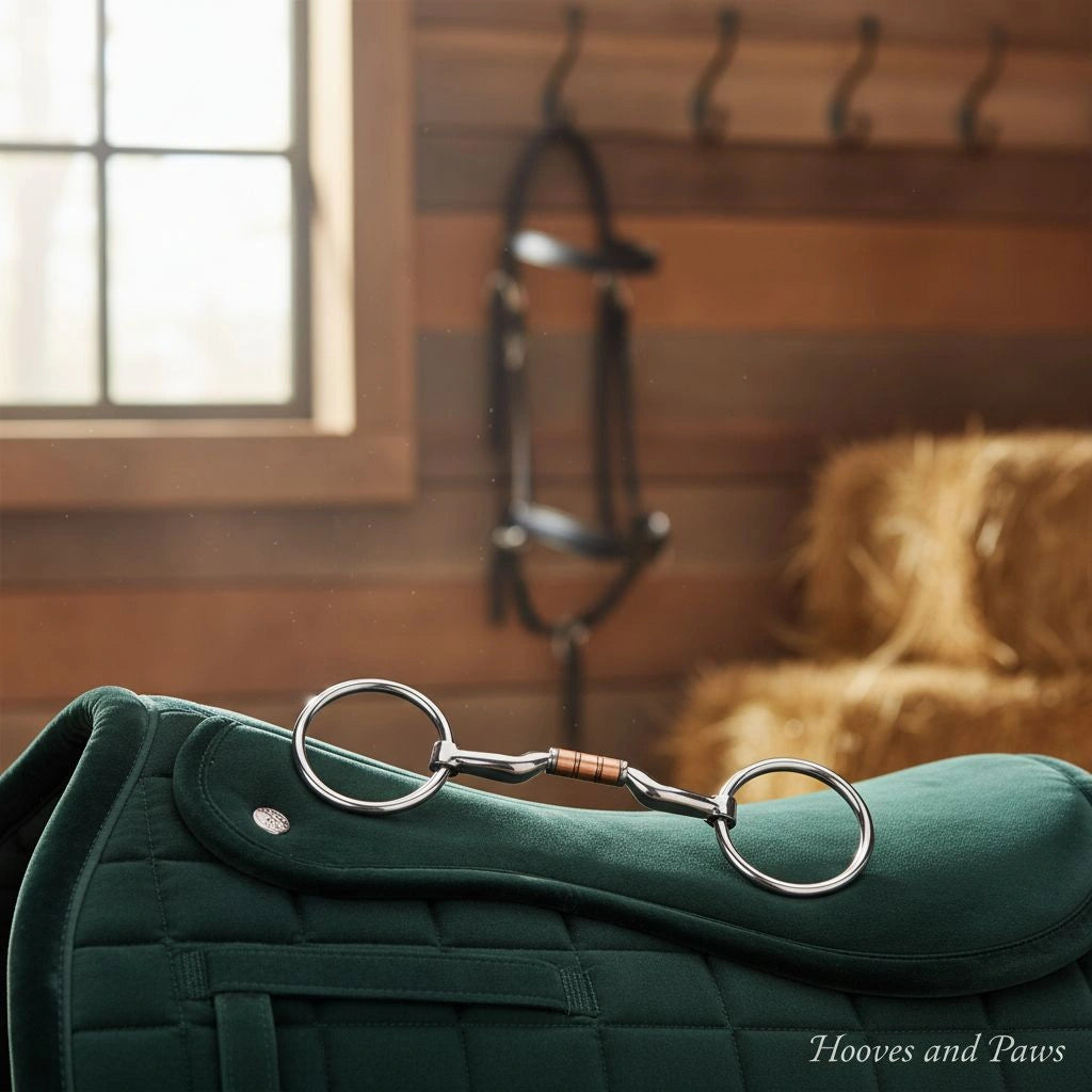 Myler MB 06 Loose Ring Snaffle bit with copper inlay on a dark green quilted dressage saddle pad in a rustic barn with a bridle and hay bales.