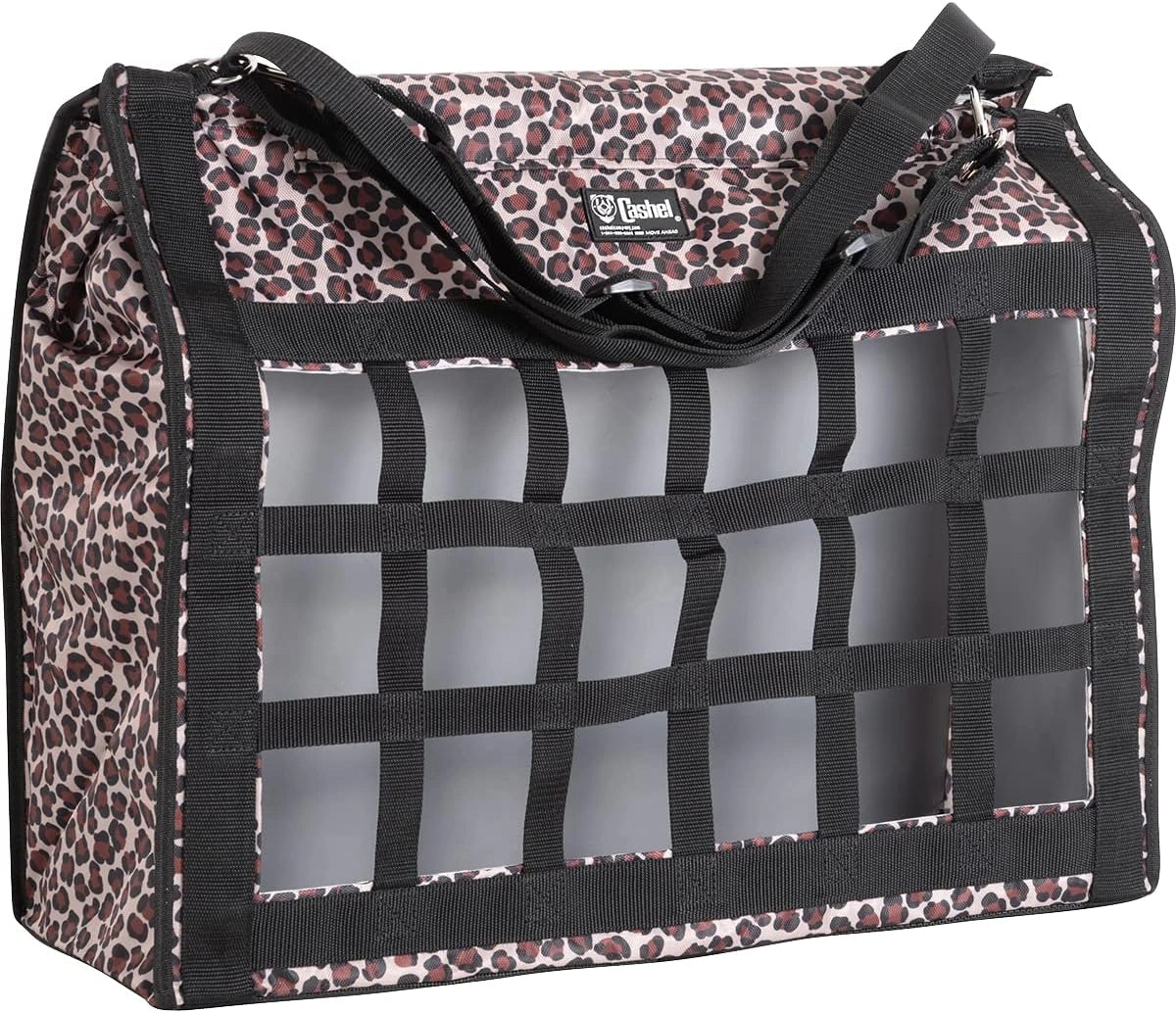 Cashel Slow Feed Top Load Hay Bag - Brown Leopard - Durable Poly Horse Feeder with Mesh Bottom & Adjustable Strap