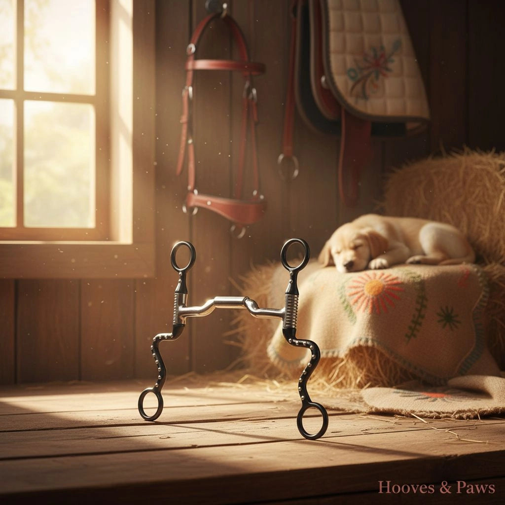 Myler Black Steel Seven Shank bit with Mullen Low Ported Barrel MB 06 in a rustic barn setting with a sleeping golden retriever puppy and horse tack.