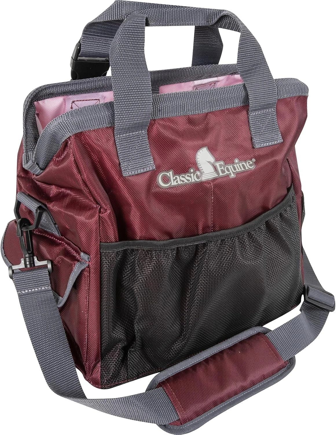 Maroon and gray bag with 'Classic Equine' logo on a white background