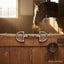 Silver Myler MB 36 Dee Snaffle Bit with a forward tilted port for enhanced comfort, hanging on a rustic wooden stable door with scattered hay. A coiled leather strap lies nearby. In the blurred background, a horse eats hay in a sunlit stable stall, surrounded by equestrian equipment.