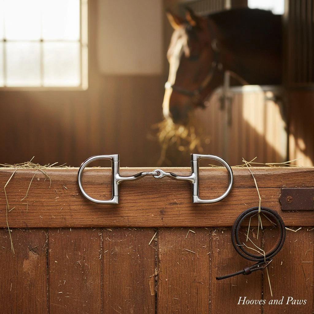 Silver Myler MB 36 Dee Snaffle Bit with a forward tilted port for enhanced comfort, hanging on a rustic wooden stable door with scattered hay. A coiled leather strap lies nearby. In the blurred background, a horse eats hay in a sunlit stable stall, surrounded by equestrian equipment.