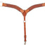 Brown leather girth strap with metal hardware on a white background