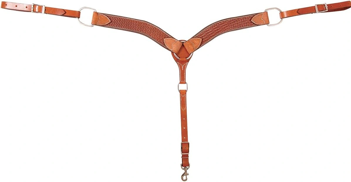 Brown leather girth strap with metal hardware on a white background