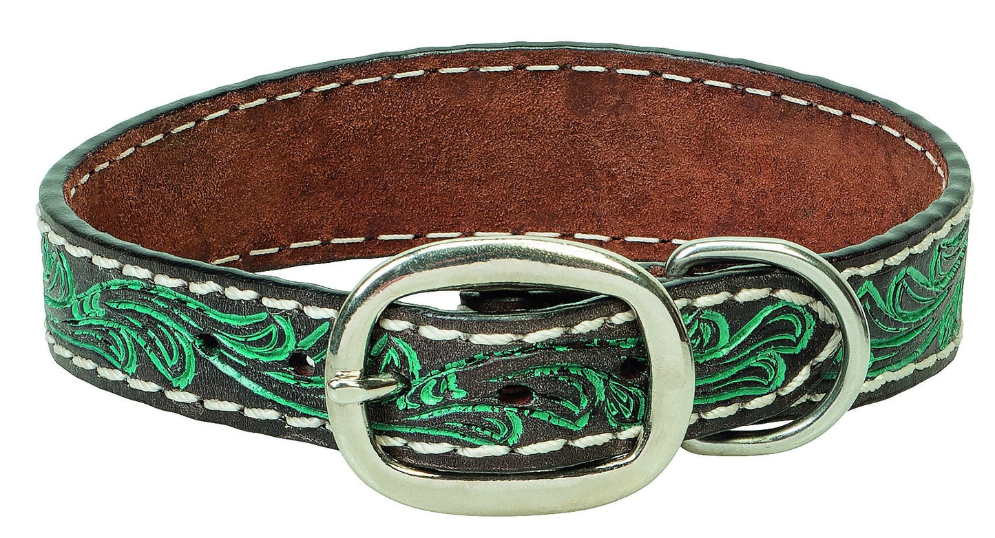 Weaver Leather Carved Flower Dog Collar - Dark Oiled Leather with Turquoise Accents and White Stitching