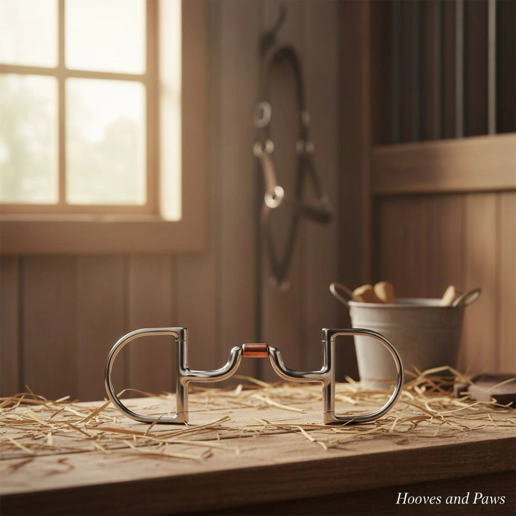 Myler MB 43LP English Dee Snaffle Bit, stainless steel with copper inlay, on hay in a stable.