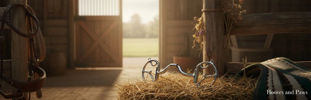 Myler Western Dee bit with 2 hooks and ported barrel rests on hay in a barn, beside a hanging bridle and saddle blanket.