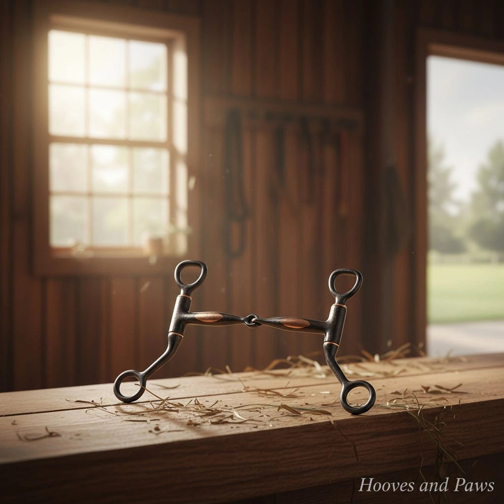 Myler MB 09 Tom Thumb Snaffle Bit, sweet iron with copper inlay, resting on a rustic wooden surface in a sunlit barn.
