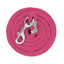 Pink dog leash with metal clasp on a white background