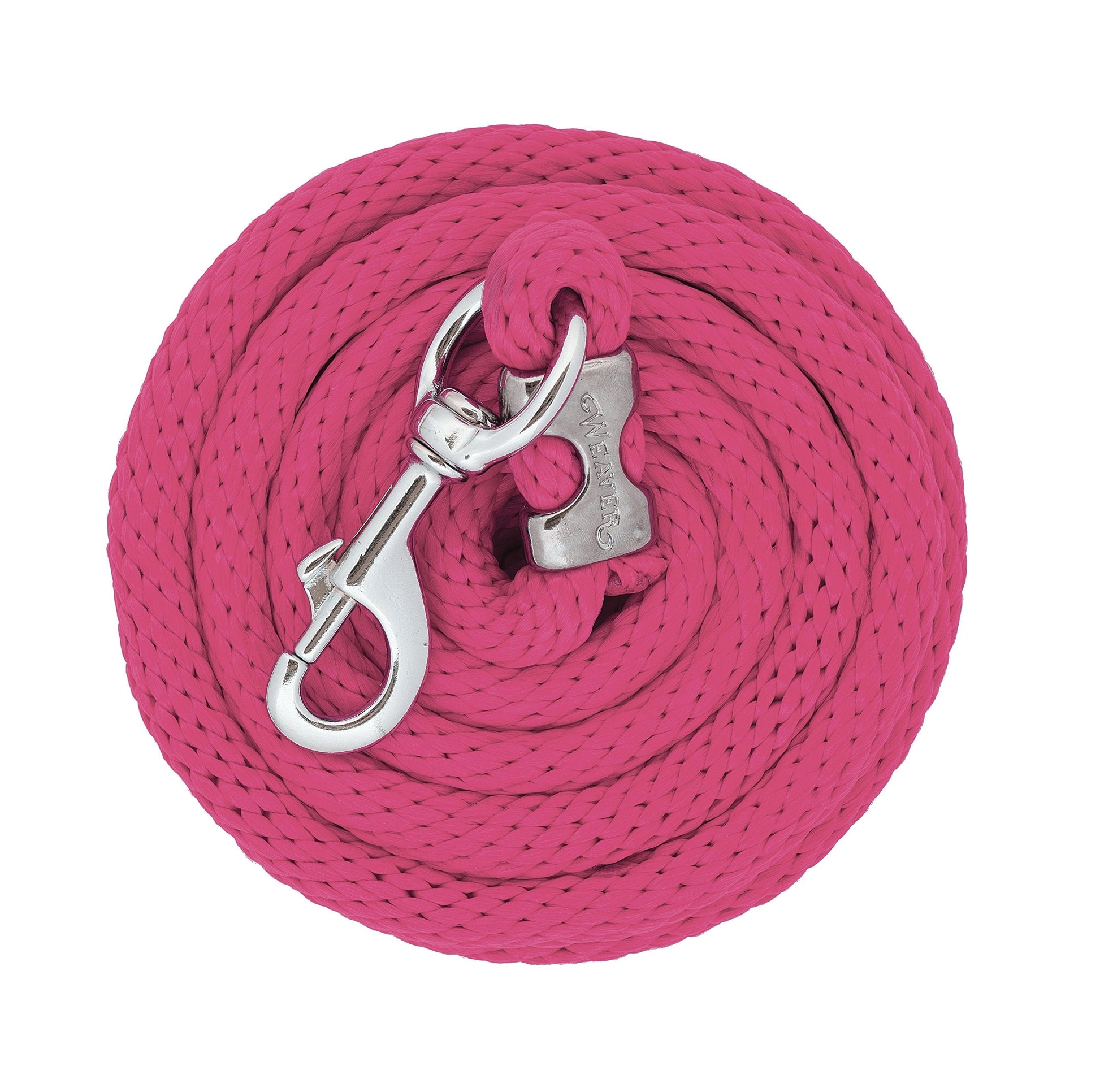 Pink dog leash with metal clasp on a white background