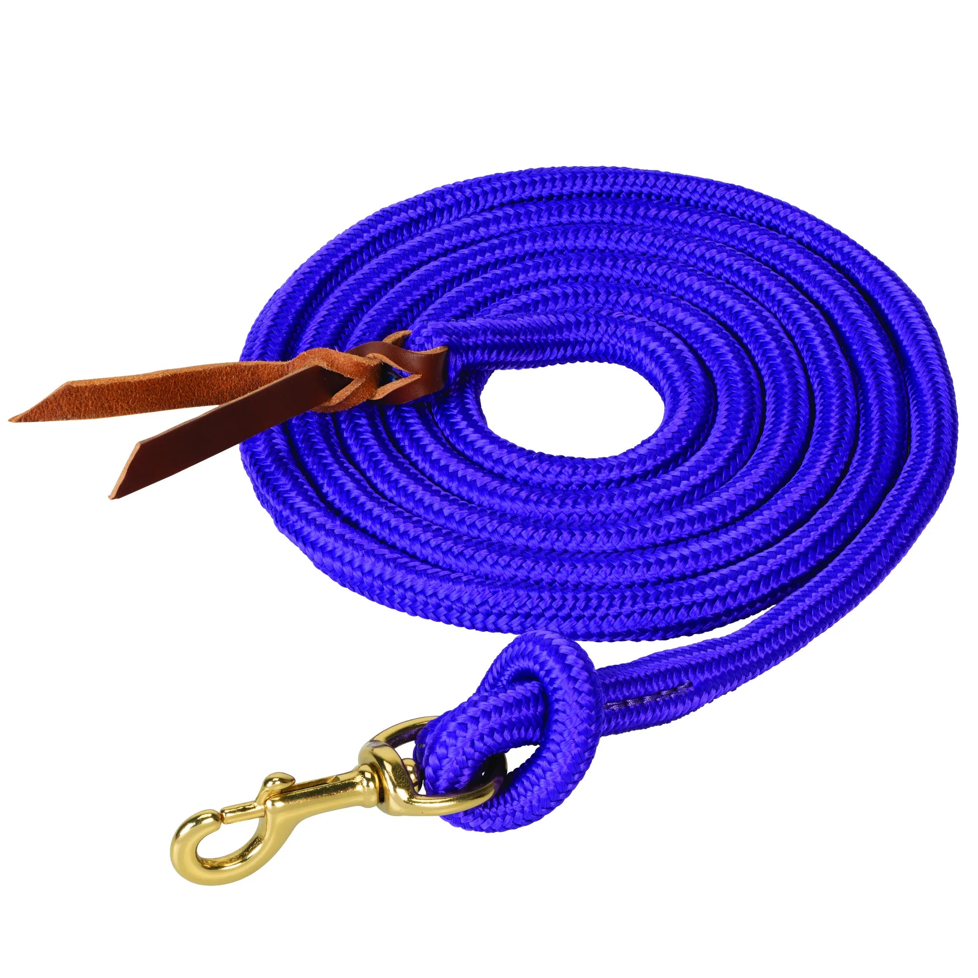 Durable purple poly cowboy lead rope, 5/8" x 10', featuring a sturdy brass swivel snap and classic brown leather popper. This high-quality braided equestrian lead provides a secure grip and reliable strength for horse training, groundwork, or daily handling. A vibrant and essential piece of horse tack designed for both performance and style in the stable or arena.
