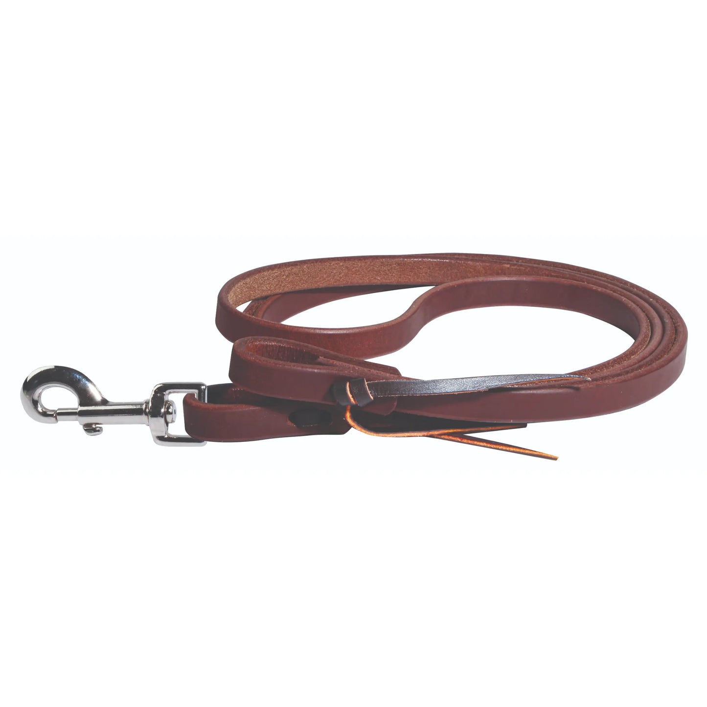 Professional Choice 8ft Waterloop Roping Rein crafted from 1/2-inch premium russet brown leather. Features a heavy-duty chrome snap hook and a traditional waterloop bit attachment with leather lace ties. This durable western rein is perfect for roping, training, or everyday riding, offering a supple feel and classic aesthetic for equestrian enthusiasts.