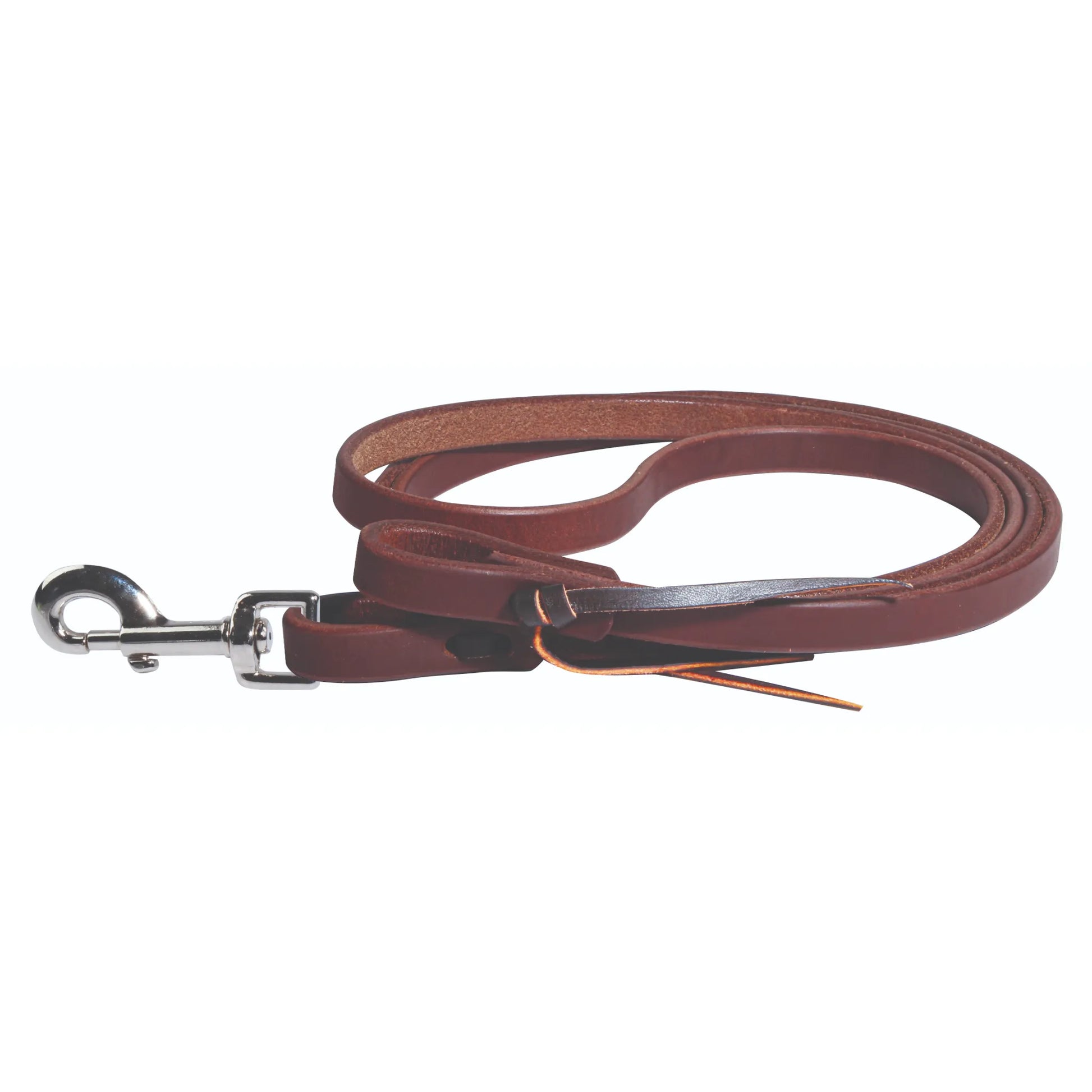 Professional Choice 8ft Waterloop Roping Rein crafted from 1/2-inch premium russet brown leather. Features a heavy-duty chrome snap hook and a traditional waterloop bit attachment with leather lace ties. This durable western rein is perfect for roping, training, or everyday riding, offering a supple feel and classic aesthetic for equestrian enthusiasts.