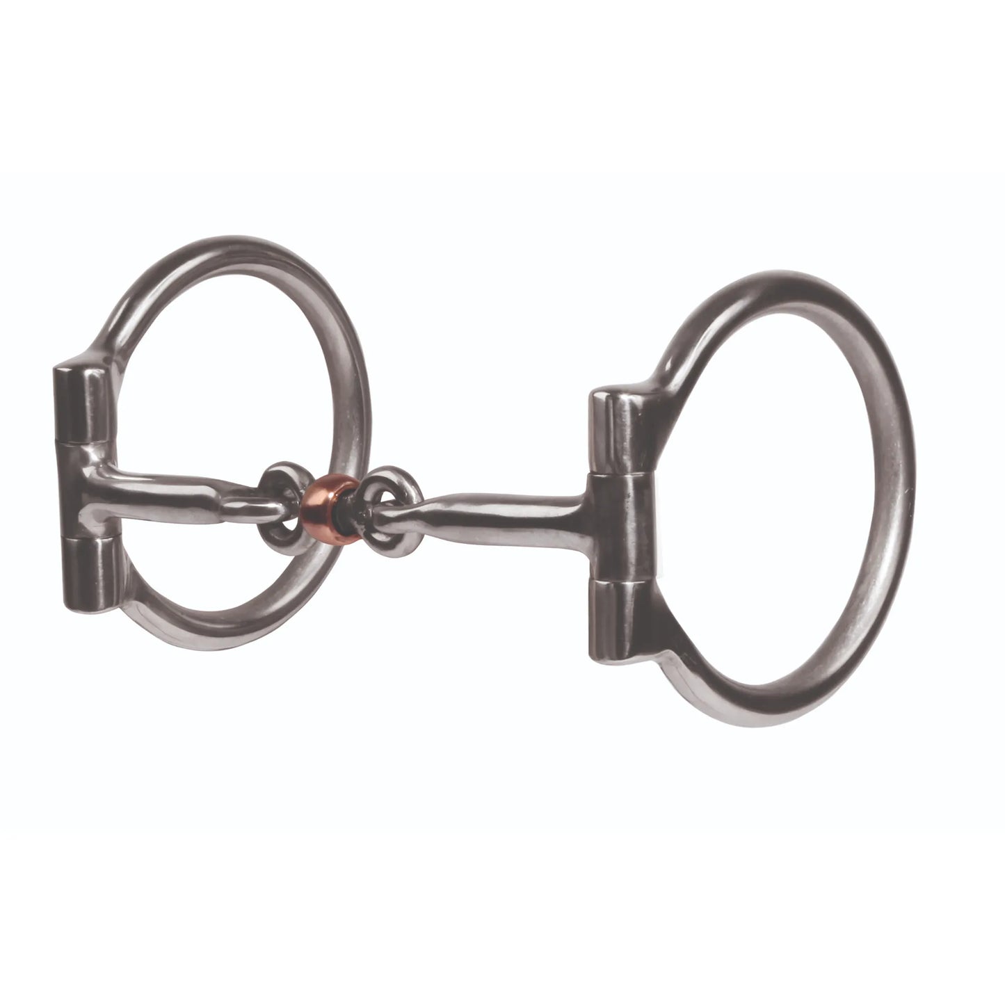 Pro Choice Equisential Smooth Dogbone D Ring Bit. This gentle 5 1/4" mouth horse bit features a polished stainless steel three-piece jointed mouthpiece. A central copper roller dogbone link encourages salivation and relaxation. The classic D-ring cheeks provide lateral pressure for better steering control and prevent pinching. Durable and high-quality equestrian hardware perfect for training or everyday riding.
