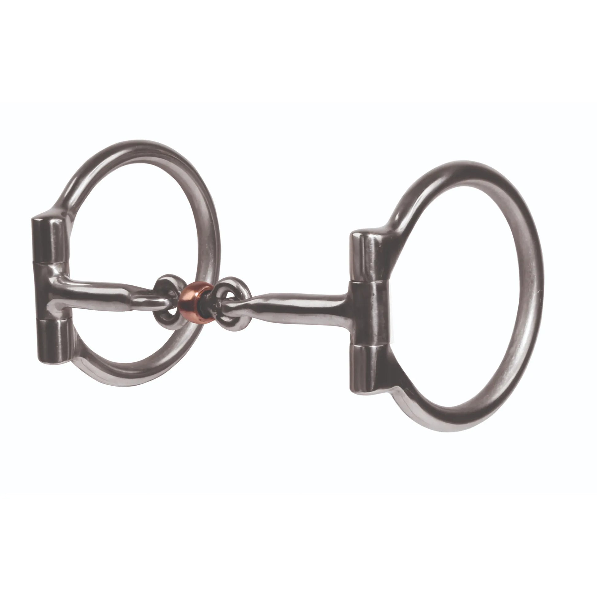 Pro Choice Equisential Smooth Dogbone D Ring Bit. This gentle 5 1/4" mouth horse bit features a polished stainless steel three-piece jointed mouthpiece. A central copper roller dogbone link encourages salivation and relaxation. The classic D-ring cheeks provide lateral pressure for better steering control and prevent pinching. Durable and high-quality equestrian hardware perfect for training or everyday riding.