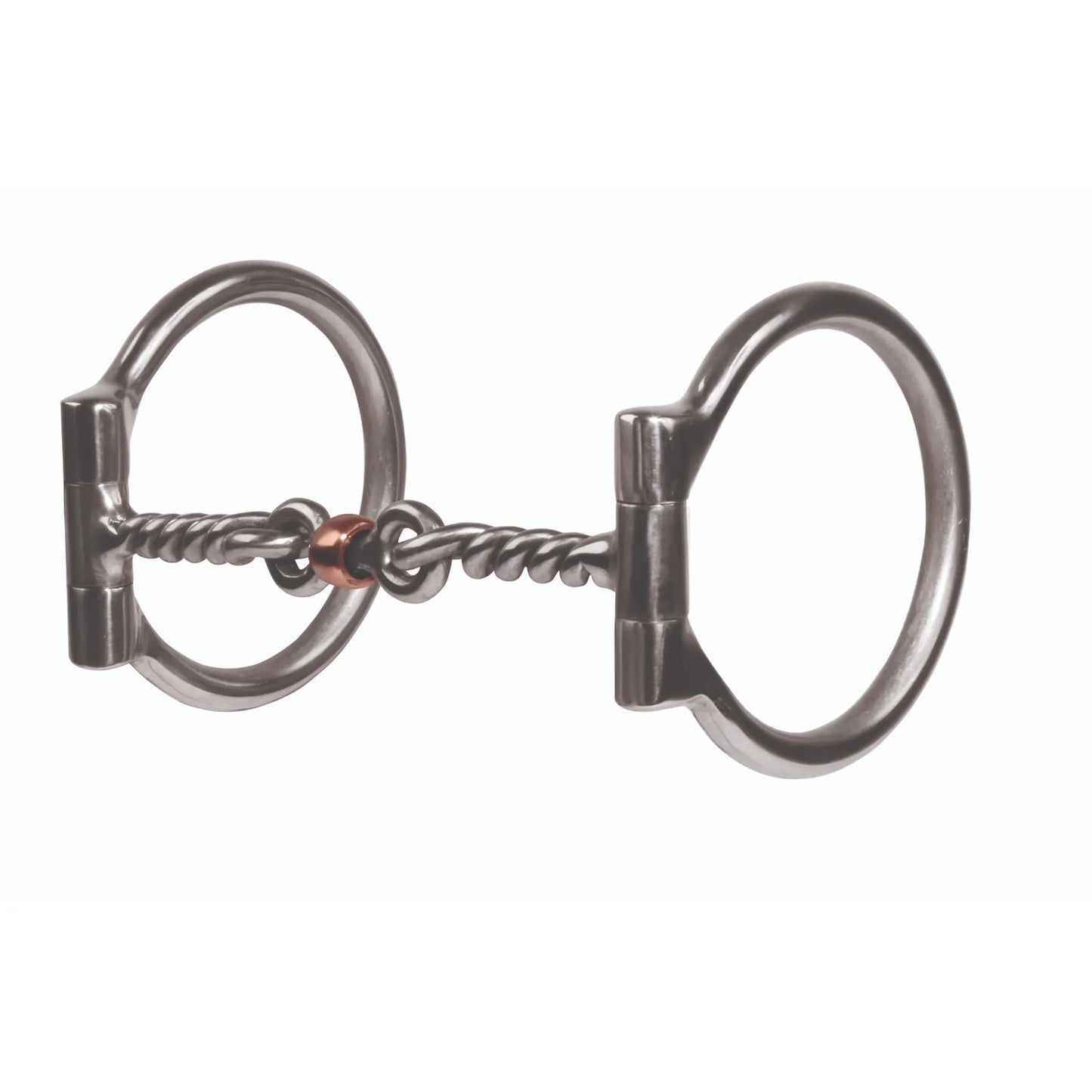 Pro Choice Equisential Twisted Dogbone D Ring Bit for gentle horse training. This 5 1/4 inch stainless steel snaffle bit features a double-jointed twisted wire mouthpiece for clear communication. The center dogbone joint includes a copper roller to encourage salivation and relaxation. Perfect for western disciplines, this durable horse bit combines effective control with a soft feel for the horse's mouth.