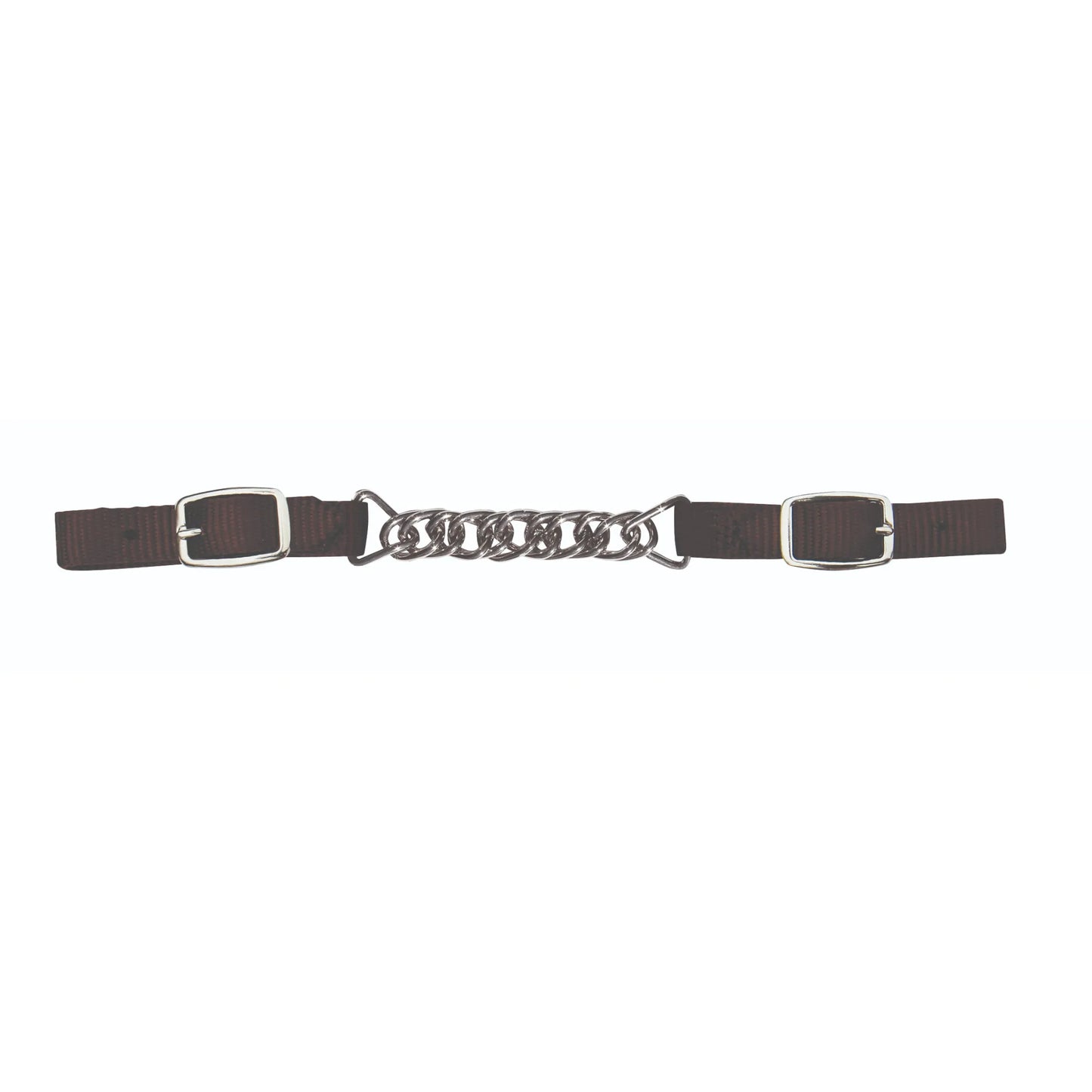 Pro Choice Flat Nylon Curb Chain in Chocolate brown. This 5/8" horse bit chain features high-quality, durable nylon webbing with adjustable silver-tone buckles on both ends for a custom fit. The center consists of a polished metal double-link curb chain. A must-have equestrian tack accessory for horse training and riding, designed for durability and precise control.