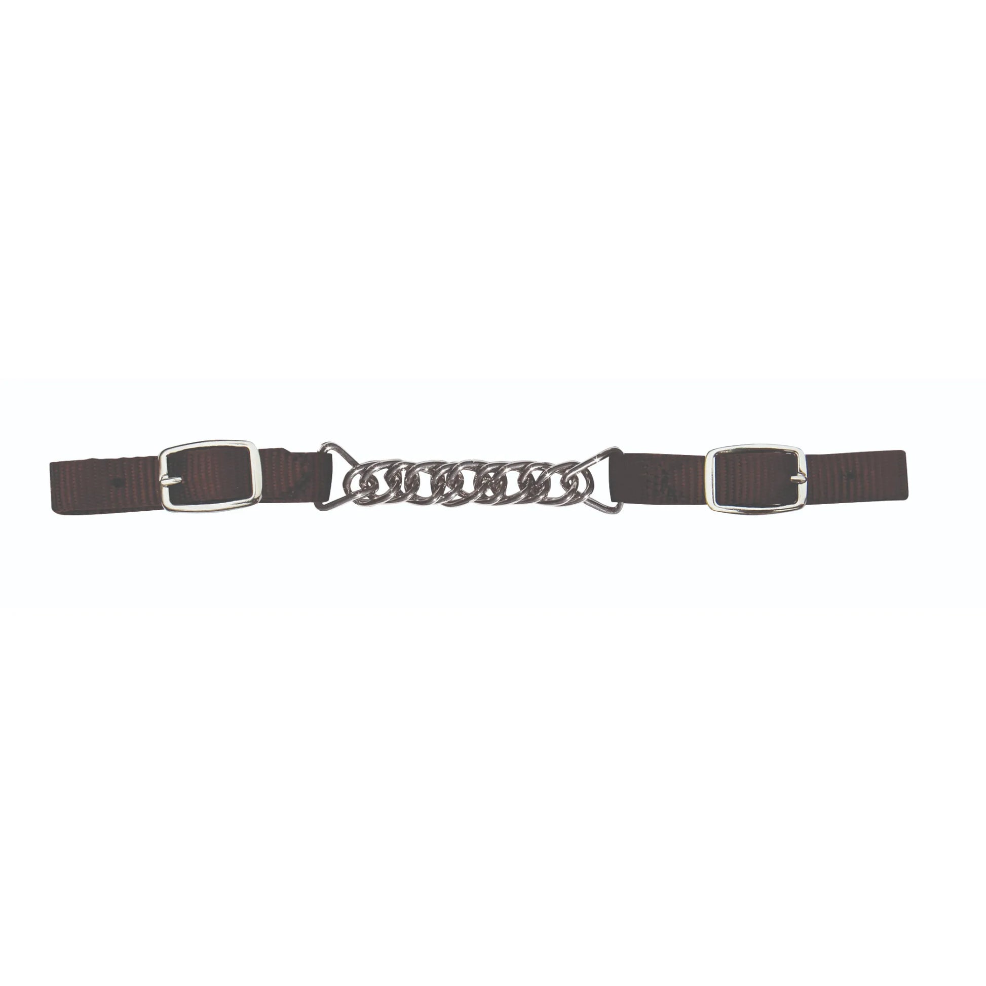 Pro Choice Flat Nylon Curb Chain in Chocolate brown. This 5/8" horse bit chain features high-quality, durable nylon webbing with adjustable silver-tone buckles on both ends for a custom fit. The center consists of a polished metal double-link curb chain. A must-have equestrian tack accessory for horse training and riding, designed for durability and precise control.