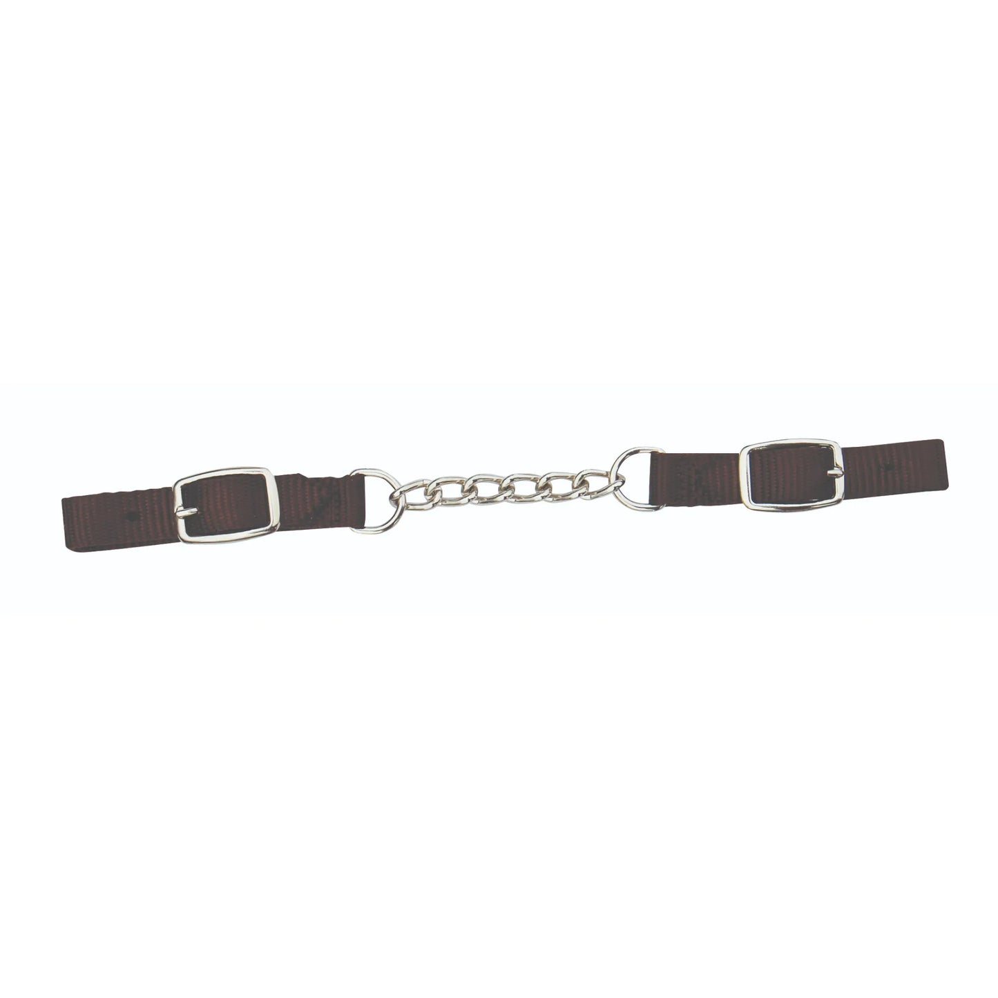 Pro Choice Nylon Curb Chain in chocolate brown, featuring 1/2" wide adjustable nylon straps with silver buckles and a durable metal chain center. This high-quality equestrian tack provides comfortable and precise control for horse bits. A stylish and functional addition to any horse's bridle, perfect for western or english riding gear collections.
