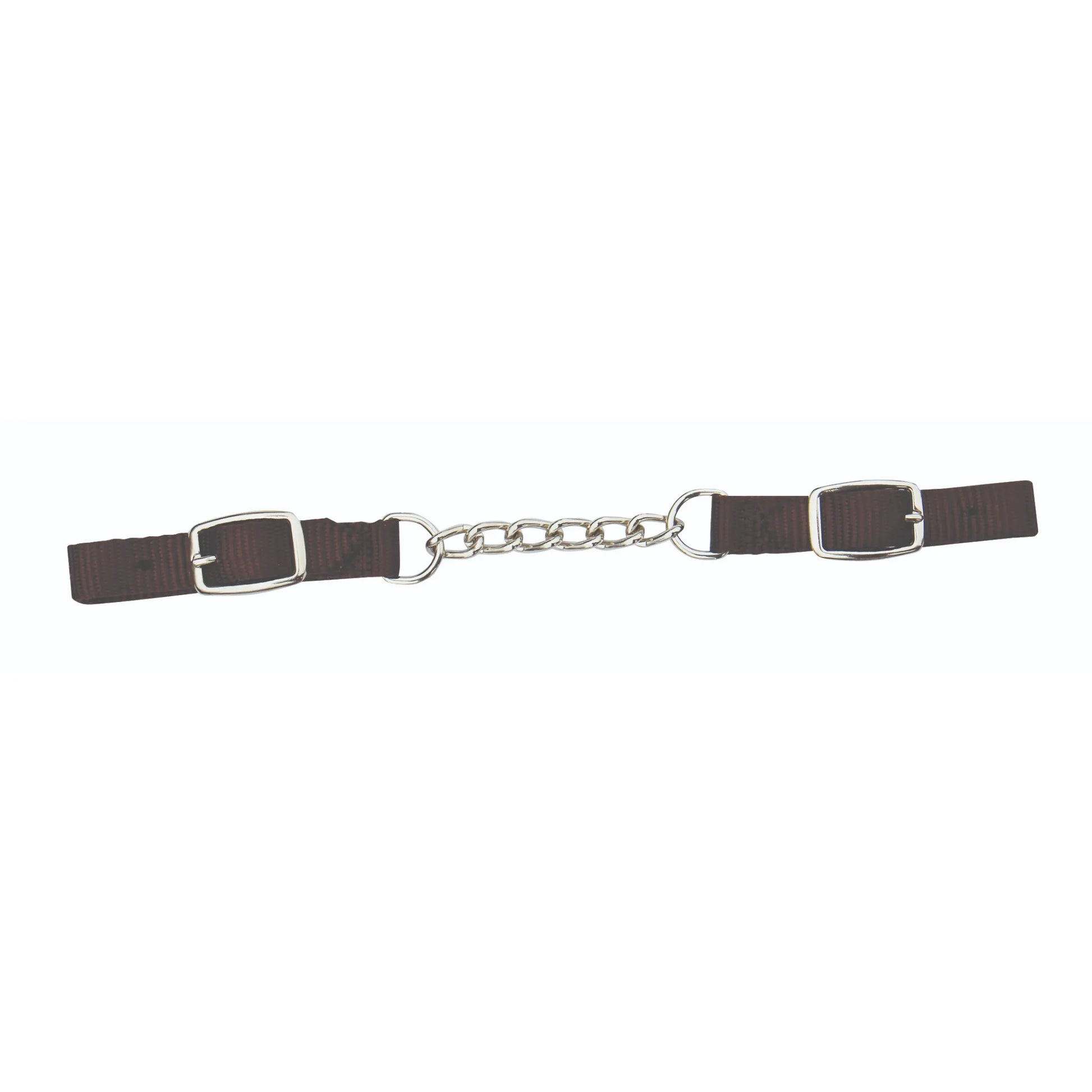 Pro Choice Nylon Curb Chain in chocolate brown, featuring 1/2" wide adjustable nylon straps with silver buckles and a durable metal chain center. This high-quality equestrian tack provides comfortable and precise control for horse bits. A stylish and functional addition to any horse's bridle, perfect for western or english riding gear collections.