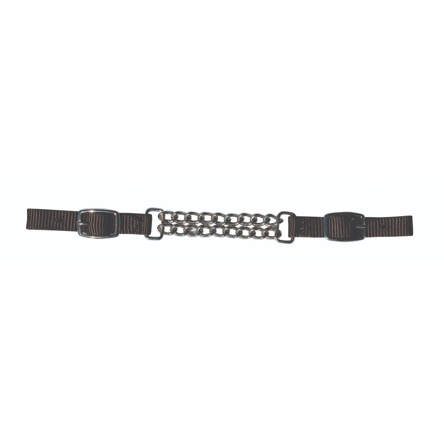 Professional's Choice Nylon Curb Chain featuring a double-link silver-tone metal chain and adjustable dark brown nylon straps. This durable horse bit accessory provides precise control and comfort, equipped with silver buckles on each end for a secure fit. A high-quality addition to your western or English horse tack collection, perfect for riders seeking functional and stylish equestrian gear.