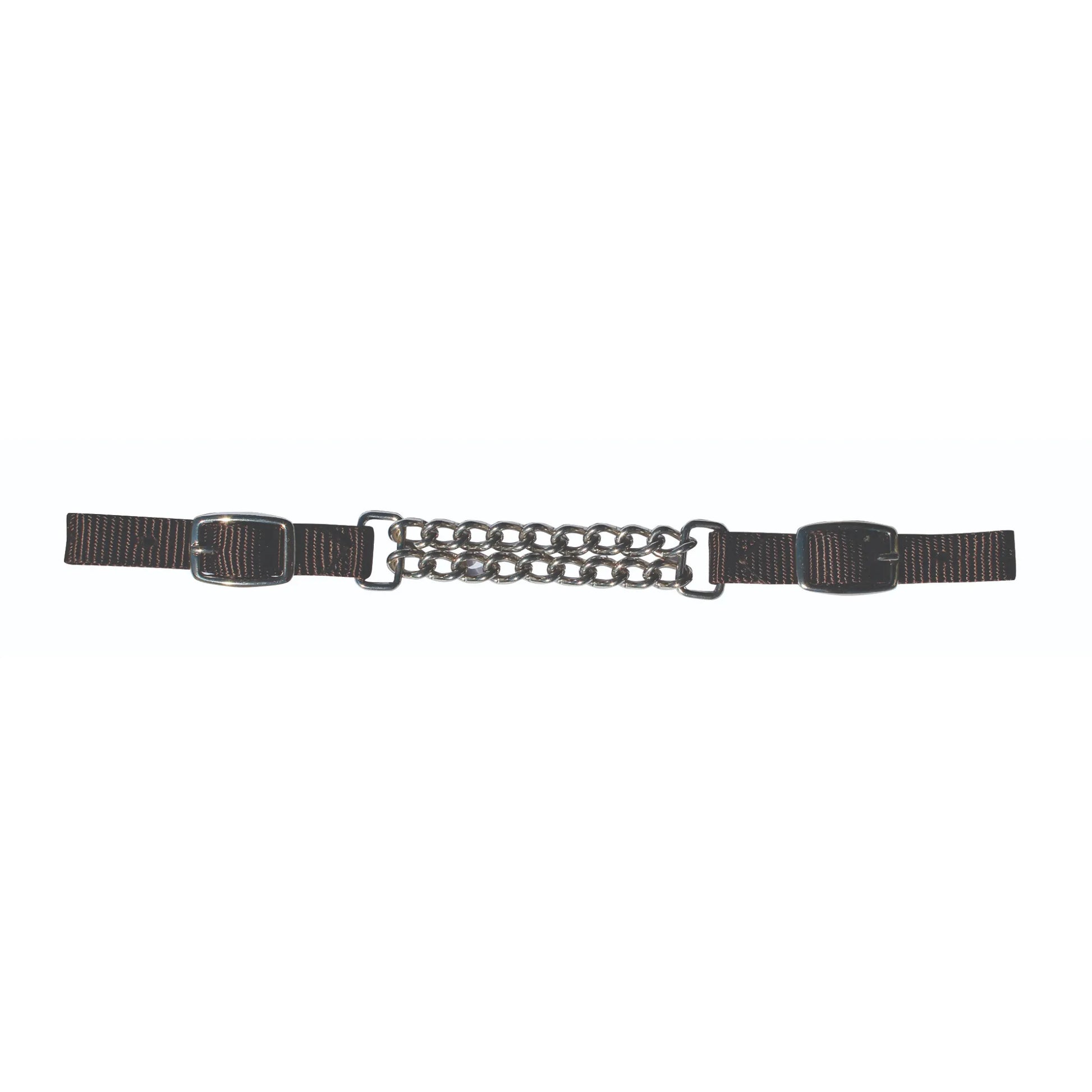 Professional's Choice Nylon Curb Chain featuring a double-link silver-tone metal chain and adjustable dark brown nylon straps. This durable horse bit accessory provides precise control and comfort, equipped with silver buckles on each end for a secure fit. A high-quality addition to your western or English horse tack collection, perfect for riders seeking functional and stylish equestrian gear.