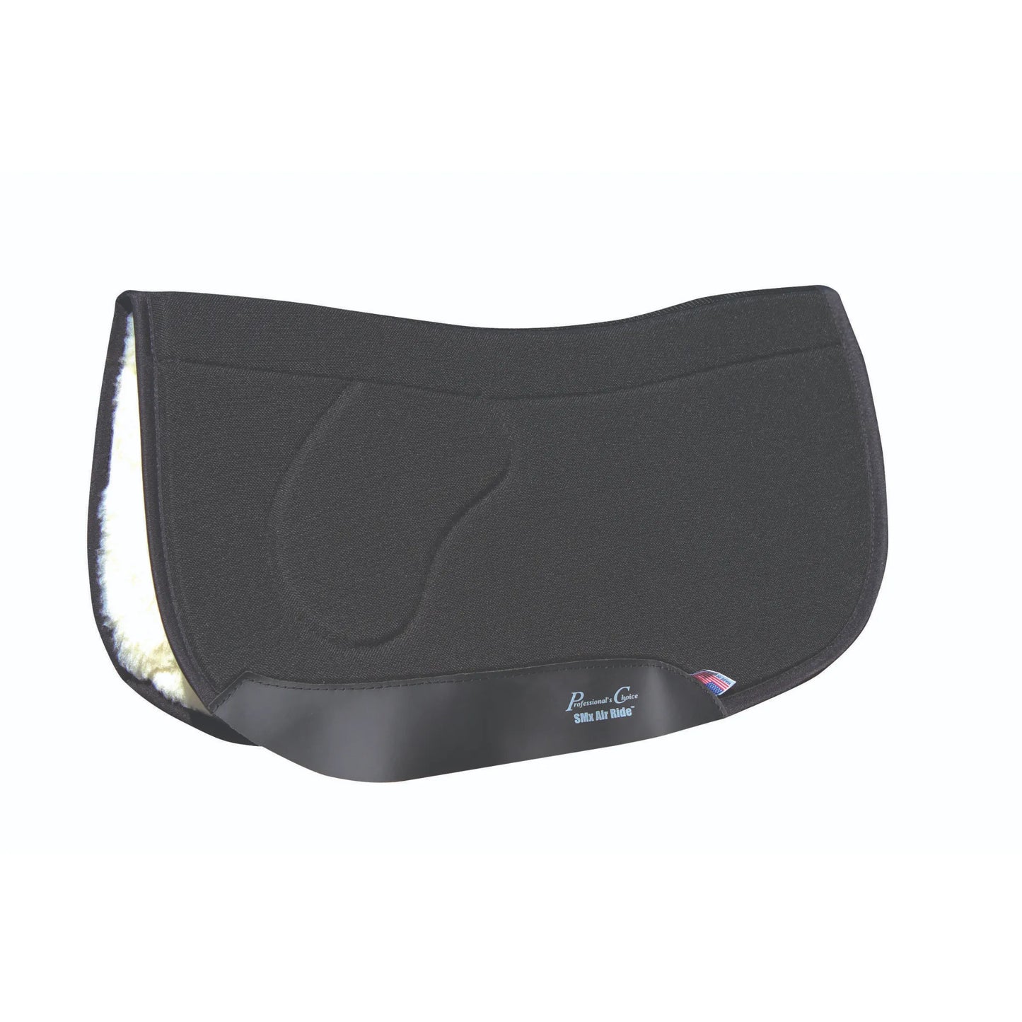 Professional's Choice SMx CJ Square Barrel Ortho Pad in black, featuring a contoured spine and shock-absorbing SMx Air Ride core. The heavy-duty canvas top and plush white fleece lining provide ultimate comfort and pressure relief for Western barrel racing. Includes durable wear leathers with the Professional's Choice logo and a small American flag tag. High-quality orthopedic saddle pad designed for peak performance and horse protection.