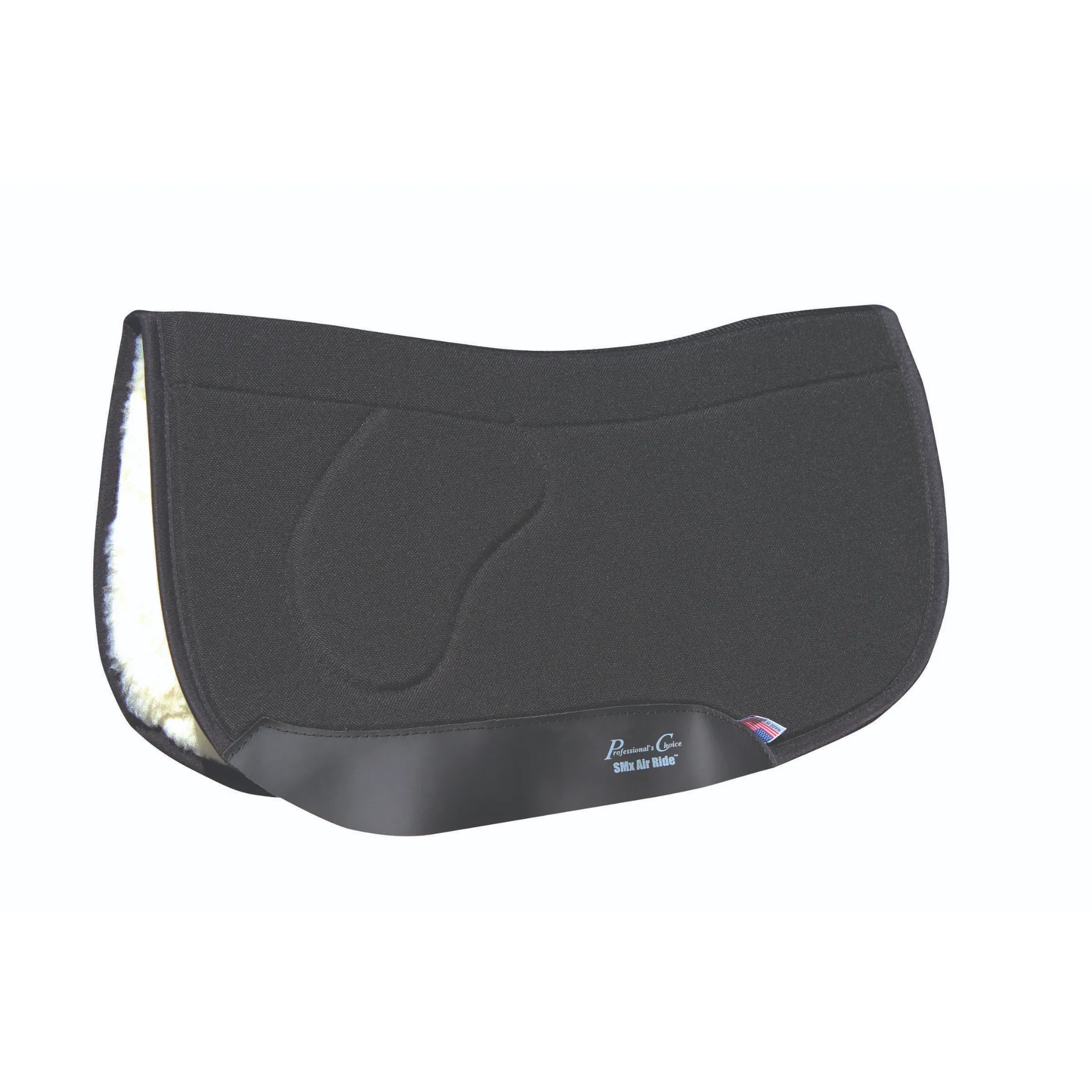 Professional's Choice SMx CJ Square Barrel Ortho Pad in black, featuring a contoured spine and shock-absorbing SMx Air Ride core. The heavy-duty canvas top and plush white fleece lining provide ultimate comfort and pressure relief for Western barrel racing. Includes durable wear leathers with the Professional's Choice logo and a small American flag tag. High-quality orthopedic saddle pad designed for peak performance and horse protection.